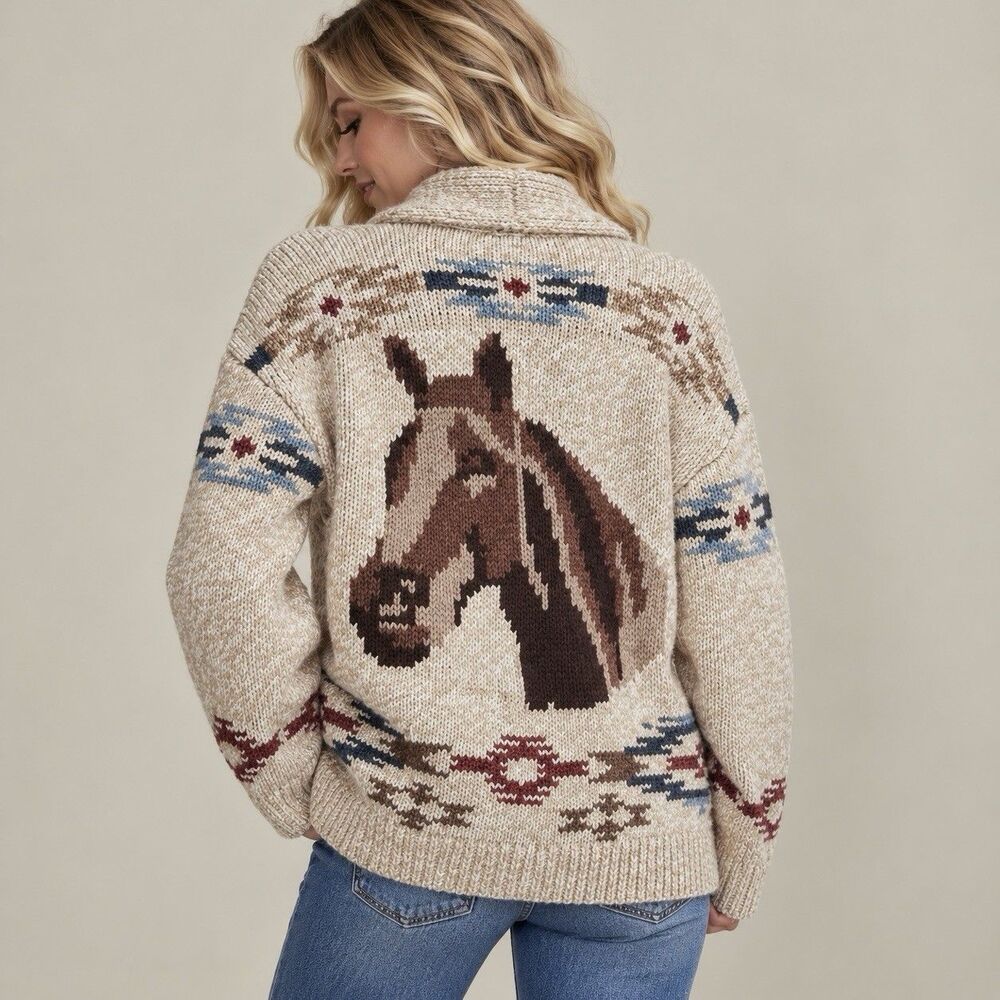 Lucky Brand Santa Fe Horse Cardigan L Southwestern Intarsia Sweater Knit NWT